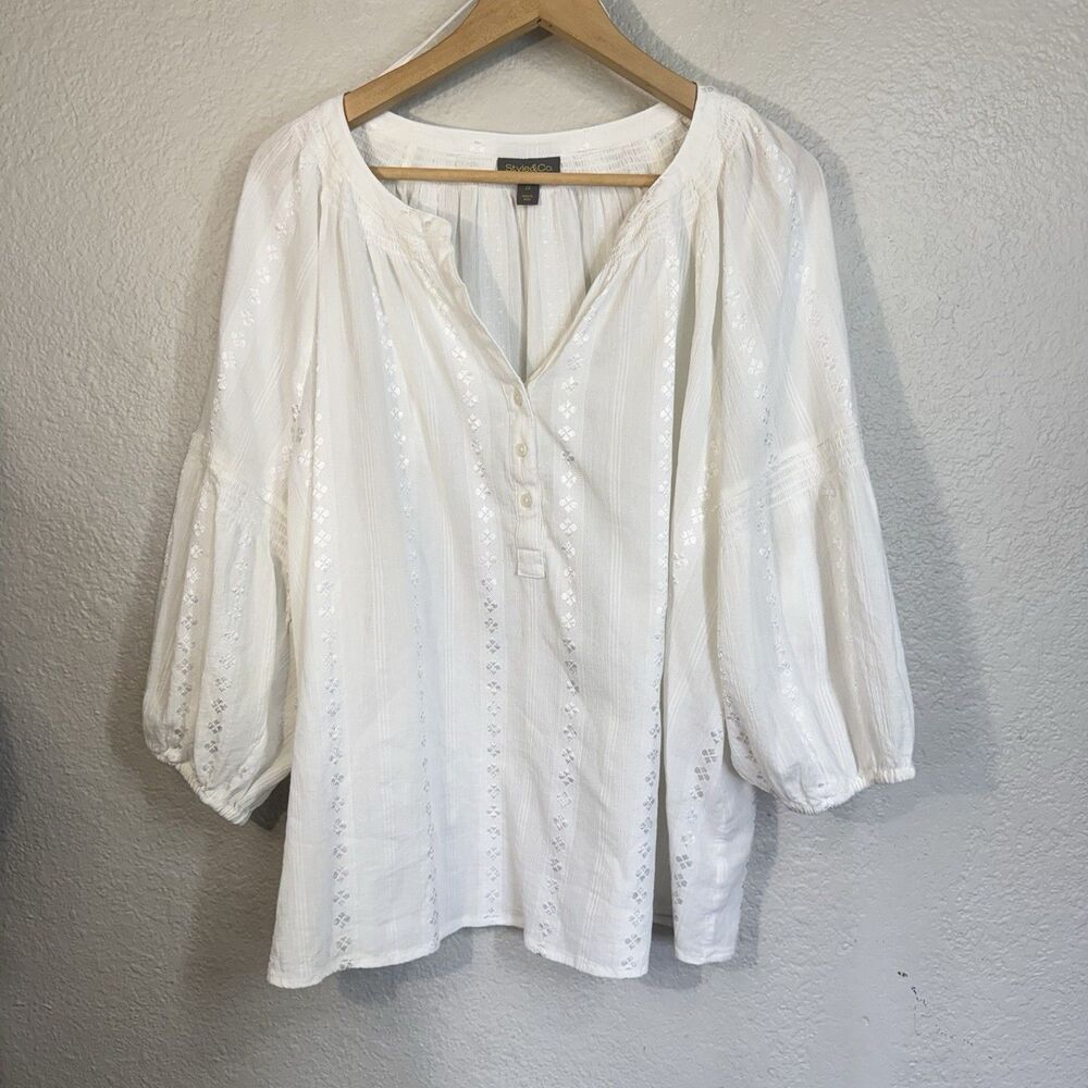 Style Co Peasant Blouse White Gauze Cotton Jacquard Relaxed Boho Prairie Size 2X